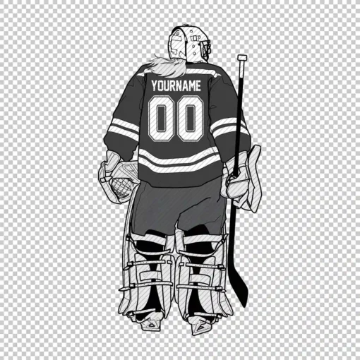 Custom Hockey Goalie Woman Back Black Personalized With Name And Number - Digital graphics illustration, line drawing PNG