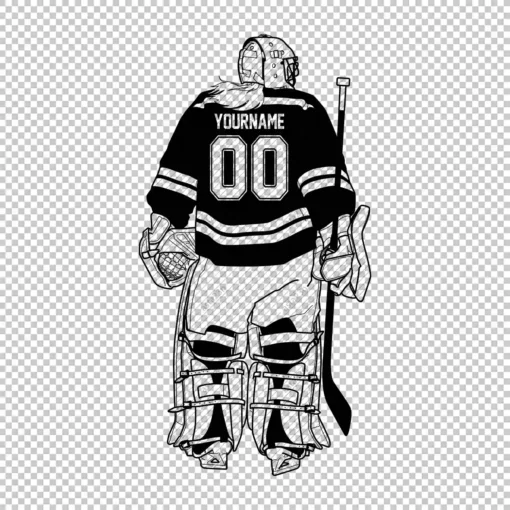 Custom Hockey Goalie Woman Back Outline Black Personalized With Name And Number - Digital graphics illustration, line drawing PNG