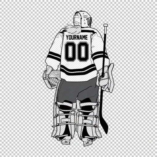 Custom Hockey Goalie Woman Back White Personalized With Name And Number - Digital graphics illustration, line drawing PNG